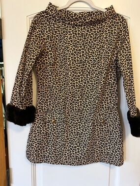 Leopard Print Mini Dress with Faux Fur Cuffs - Beige/Black